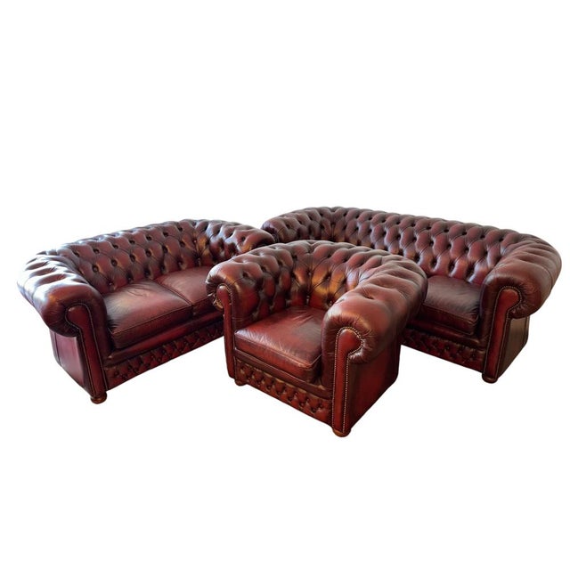 Maroon Chesterfield Sofa Group, Set of 3 For Sale - Image 8 of 8