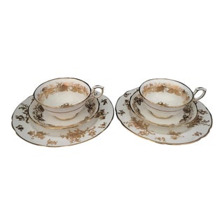 1930s Hammersley Rose Point White & Gold Bone China Teacup Trio Sets - Set for 2 For Sale