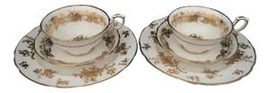 1930s Hammersley Rose Point White & Gold Bone China Teacup Trio Sets - Set for 2