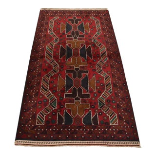 Baloch Rug 3'7'' X 6'4'' Red Wool Vintage Tribal Hand-Knotted Oriental Carpet For Sale
