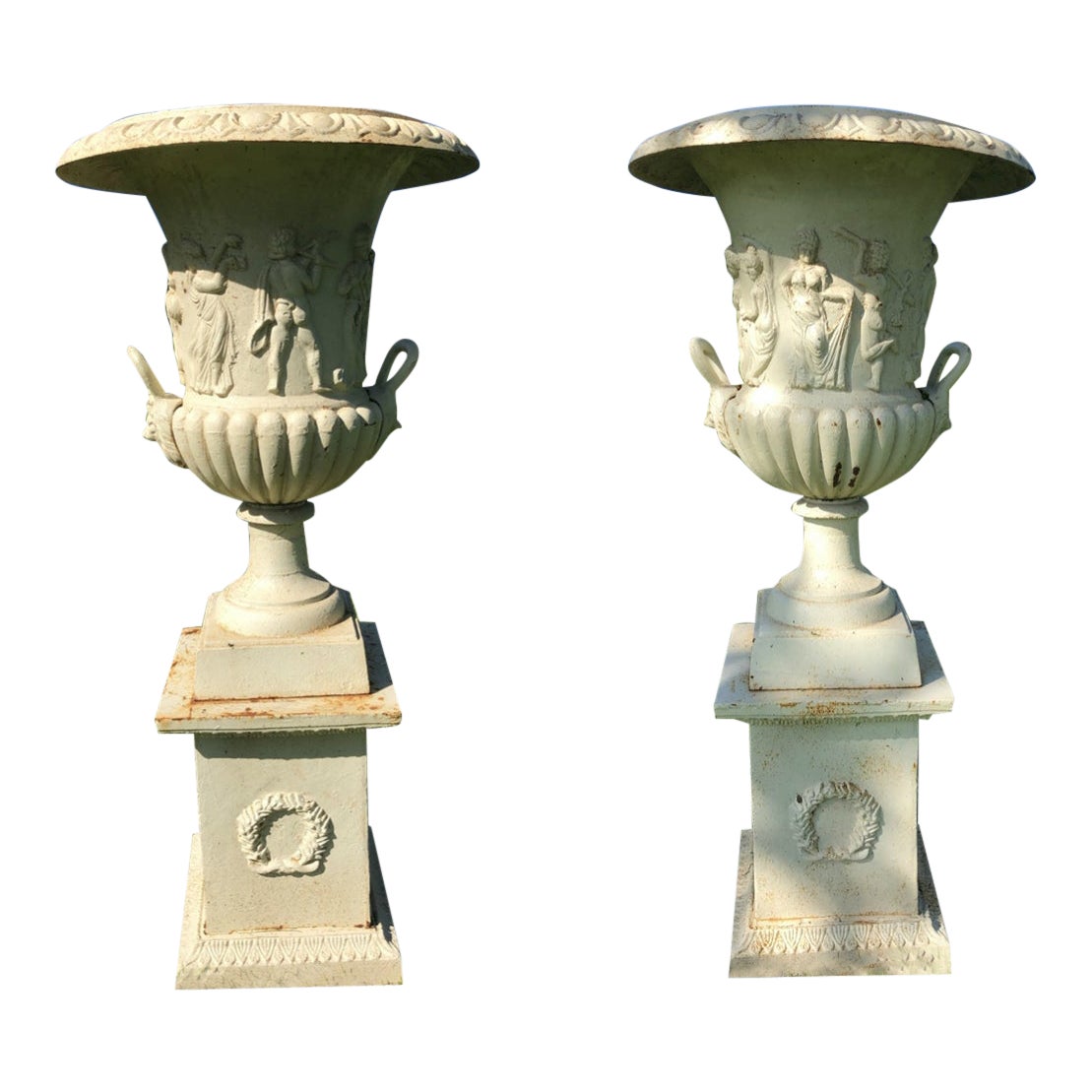 Cast Iron Greek Revival Garden Estate Urns On Pedestals A Pair Chairish