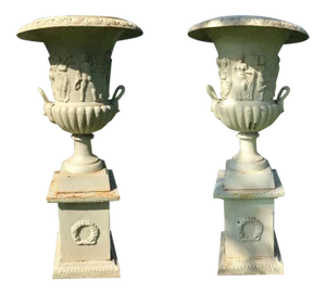 Cast Iron Greek Revival Garden Estate Urns on Pedestals - a Pair