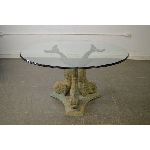 Vintage Bronze Dolphin Base Round Glass Top Center or Dining Table