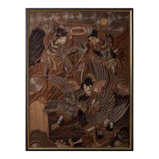 Japanese Samurai Battling Tengu Embroidered Tapestry, 19th Century For Sale