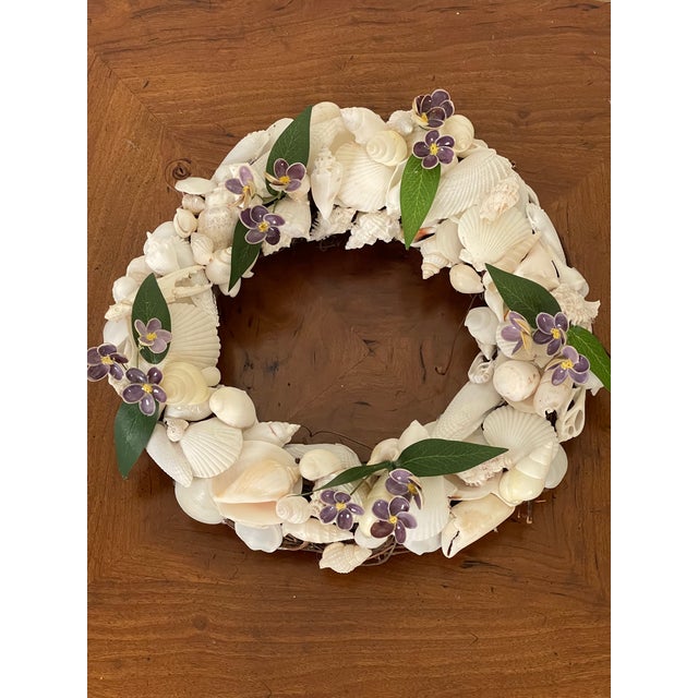 1970s Lovely Raster Purple Violet Flowers Sea Shell Frame Wreath For Sale - Image 5 of 6