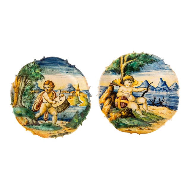 Antique 19th Century Pair Early Cantagalli Majolica Istoriato Plates Italy 1880 For Sale