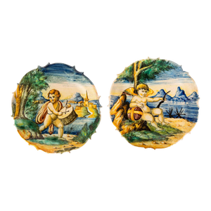 Antique 19th Century Pair Early Cantagalli Majolica Istoriato Plates Italy 1880