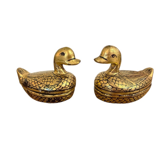 Vintage Burmese Gold Painted Wood Lacquered Ducks Trinket Boxes S/2 For Sale In New York - Image 6 of 8