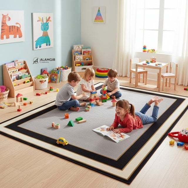 Not Yet Made - Made To Order Hand-Tufted Ivory & Black Border Wool Rug With Viscose Golden Outline For Sale - Image 5 of 11