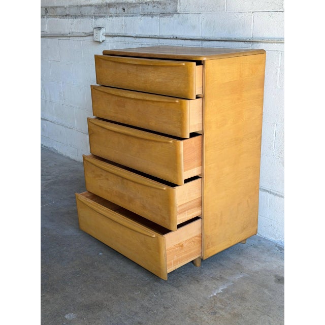 Brown Heywood Wakefield Maple Tallboy Wooden Dresser Highboy Chest of Drawers Vintage 1950s For Sale - Image 8 of 10