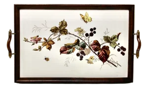 Antique Art Nouveau Tray with Tile Panel and Floral Decoration, 1905s