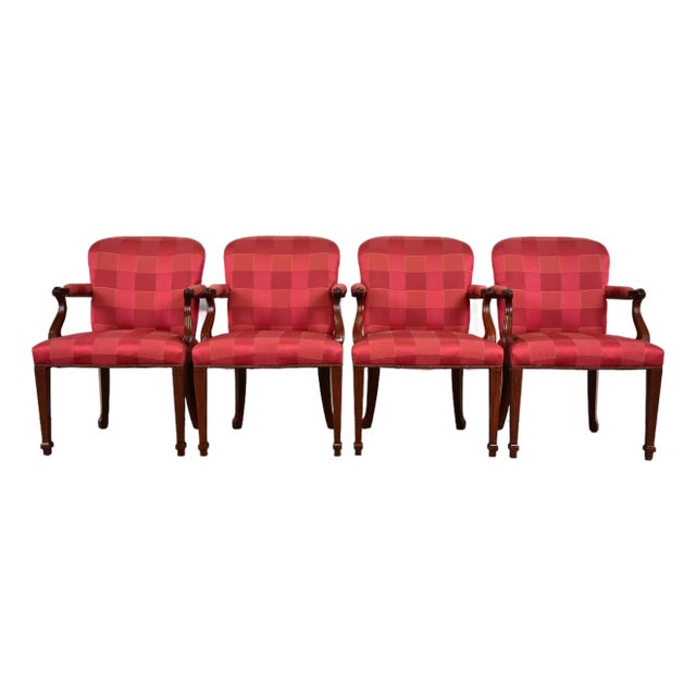 Baker Furniture English Regency Carved Mahogany Upholstered Dining Chairs, Set of Four For Sale