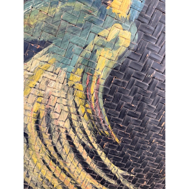 Large Vintage Wicker Basket Tray With Hand Painted Birds of Paradise For Sale In Austin - Image 6 of 11
