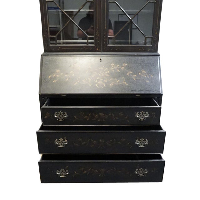 Ethan Allen Newport Collection Contemporary Asian Inspired Black 41" Secretary Desk W. Bookcase Hutch Top 34-9408 For Sale - Image 9 of 17