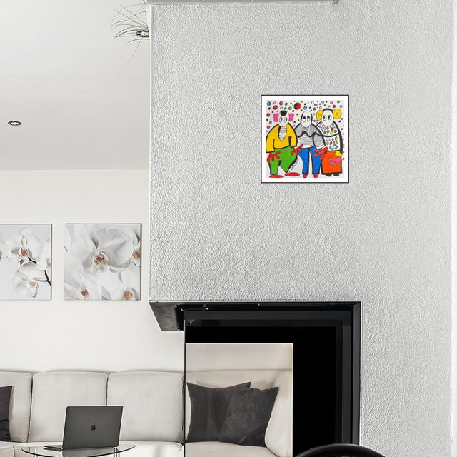 Trio of Gentle Mischief captures a tender and playful moment between three whimsical characters standing side by side,...