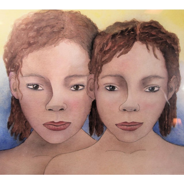 Late 20th Century Vintage Original Painting Watercolor + Pen Twin Girls For Sale - Image 5 of 7