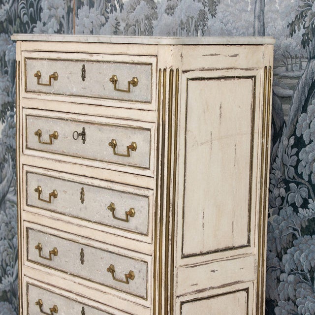 Wood 18th C. French Painted Tall Chest of Drawers With Original Marble Top For Sale - Image 7 of 16
