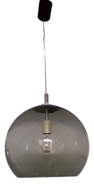 Ceiling Lamp with Spherical Smoked Glass Shade, Silver Metal Mount & Black Plastic Canopy, 1980s