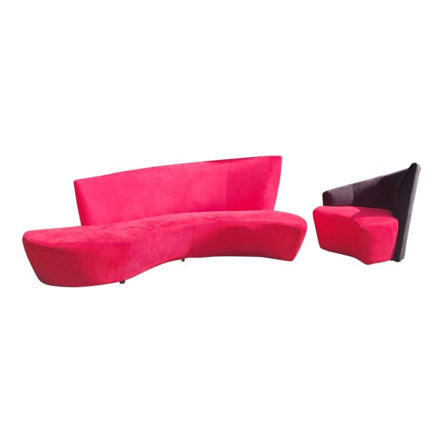 1980s Styled after Vladimir Kagan for Preview Red and Black Bilboa Sofa With Side Swivel Chair For Sale