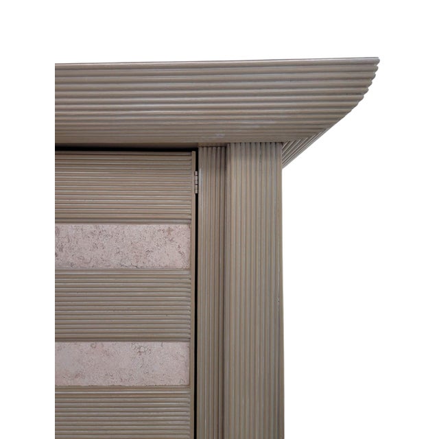 1980s Postmodern Asian-Style Reeded Armoire & Nightstands, Stone Inset, 3 Pieces For Sale In West Palm - Image 6 of 18