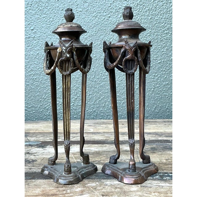 Black Vintage Egyptian Revival Pedestal Urns - A Pair For Sale - Image 8 of 12