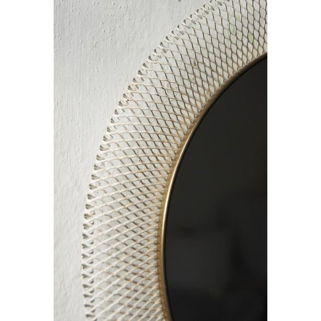 Mid-Century White & Brass Metal Mirror from Vereinigte Münchner Werkstätten, 1950s Round decorative mirror with openwork...