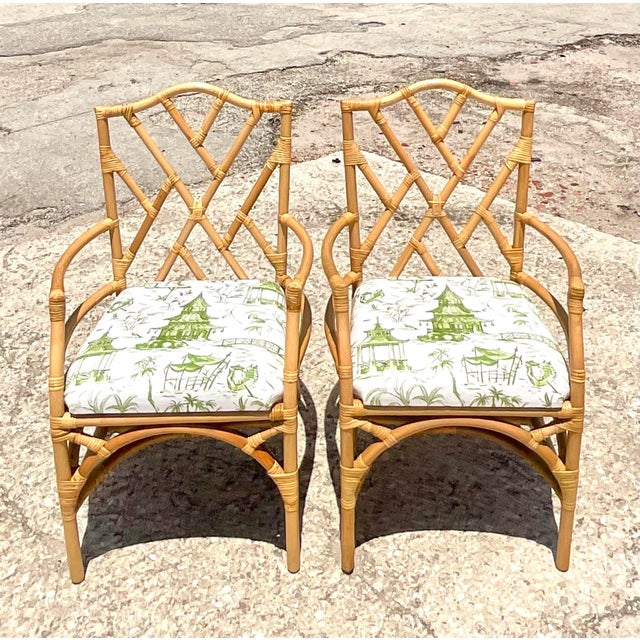 Chinese Vintage Coastal Chinese Chippendale Rattan Armchairs – A Pair For Sale - Image 3 of 12