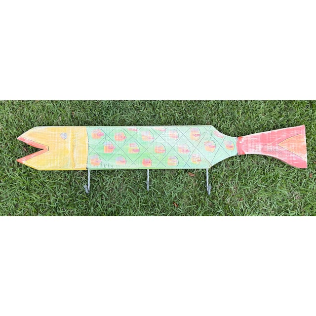 Folk Art Hand-Painted Folk Art Fish Wall Towel Rack With Metal Hooks For Sale - Image 3 of 8