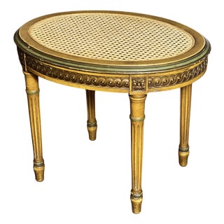French Louis XVI Style Tabouret Stool With Cane Top and Green Painted Accents, Early 20th C. For Sale