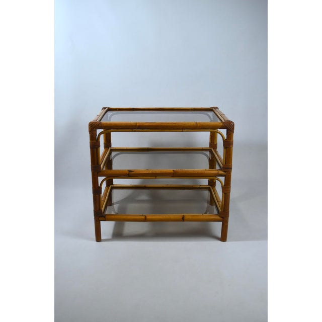 Vintage Bamboo and Smoked Glass Three-Tier Side Table, 1970s For Sale - Image 9 of 11