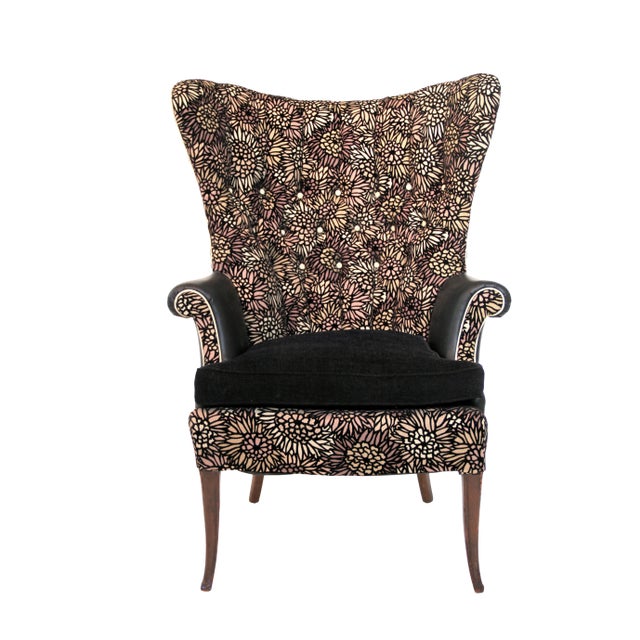 1950s Vintage Black Leather Wingback Accent Chair For Sale