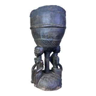 Antique Luba Figural Ceremonial Drum With Female and Male Caryatids, 16" Carved Wood For Sale