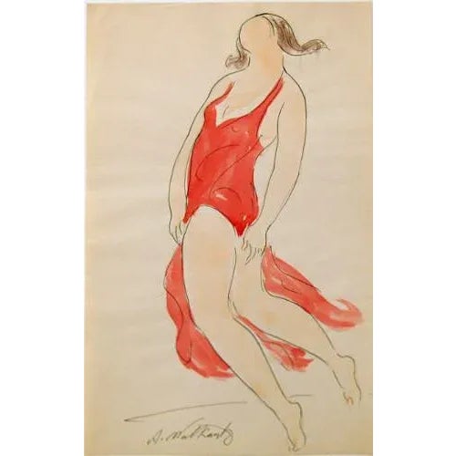 Modern "Isadora Duncan" Watercolor & Ink Drawing For Sale - Image 3 of 3