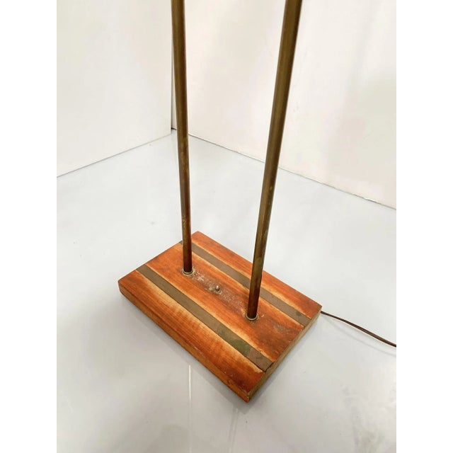 Art Deco Asymmetric Mid-Century Brass Torchiere Floor Lamp With Wood Base Smoked Swirl Glass Shades For Sale - Image 3 of 7