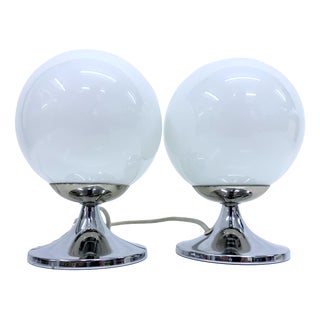 Small Vintage Space Age Spherical Table Lamps in Chrome and Glass, 1970s, Set of 2 For Sale