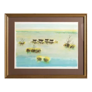 Bulls on the Water, Victor Zarou Lithograph, Signed and Numbered in Pencil
