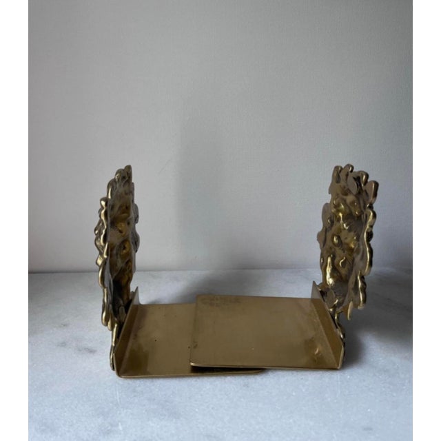 Vintage Bookends Feature a Classic Golden-Brass Finish With a Deeply Detailed Mythological Male Face and Flowing Mane. For Sale In Greensboro - Image 6 of 9