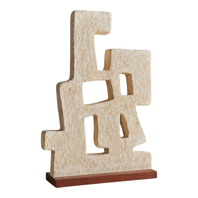 French Abstract Carved Stone Sculpture on Wood Base, 1950s For Sale