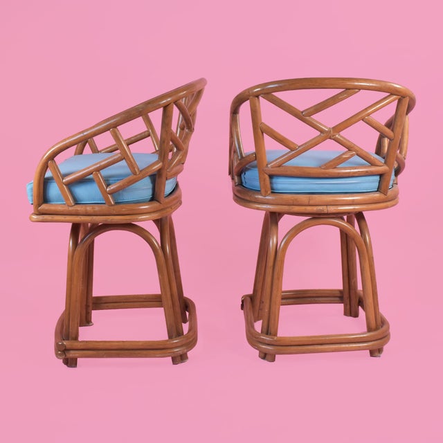 Pair of Rattan Fretwork Low Stools For Sale - Image 4 of 5