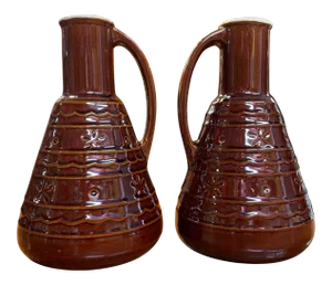 Mid-Century Modern Mar-Crest Dot Daisy Stoneware Carafe Coffee Decanter Servers - a Pair