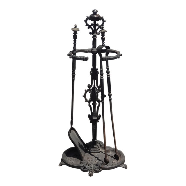 Vintage French Country Black Wrought Iron Set of Two Fireplace Tools For Sale