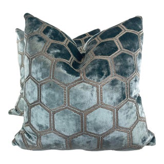 Designers Guild "Manipur Velvet" in Duck Egg 22" Pillows-A Pair For Sale