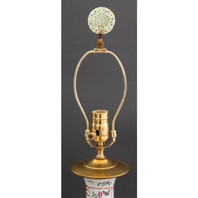 Chinese Famille Rose Porcelain Vase as Lamp, with carved hardstone finial, insect, bird, and floral decoration mounted on...