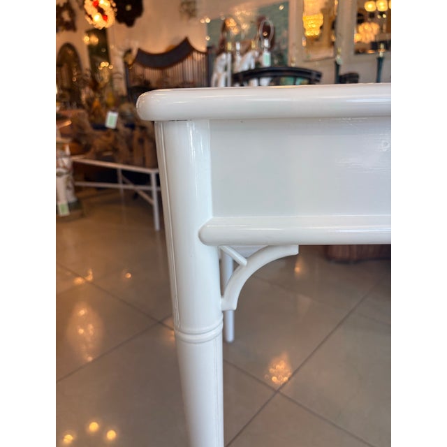 Hollywood Regency Vintage Palm Beach White Newly Lacquered Faux Bamboo Fret Game Table Two Drawers For Sale - Image 3 of 11