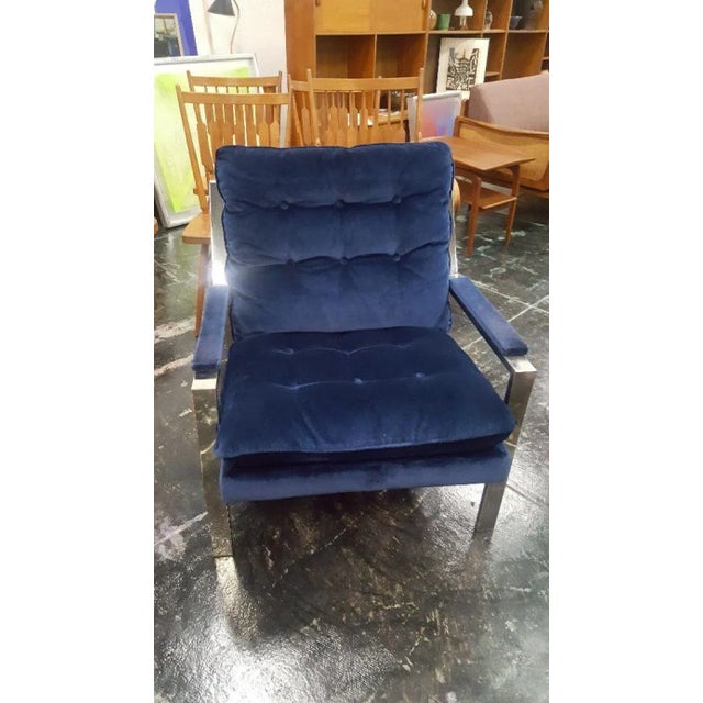 Vintage 1970s Chrome Blue Velvet Lounge Chair in the Style of Cy Mann Milo Baughman For Sale In Los Angeles - Image 6 of 10