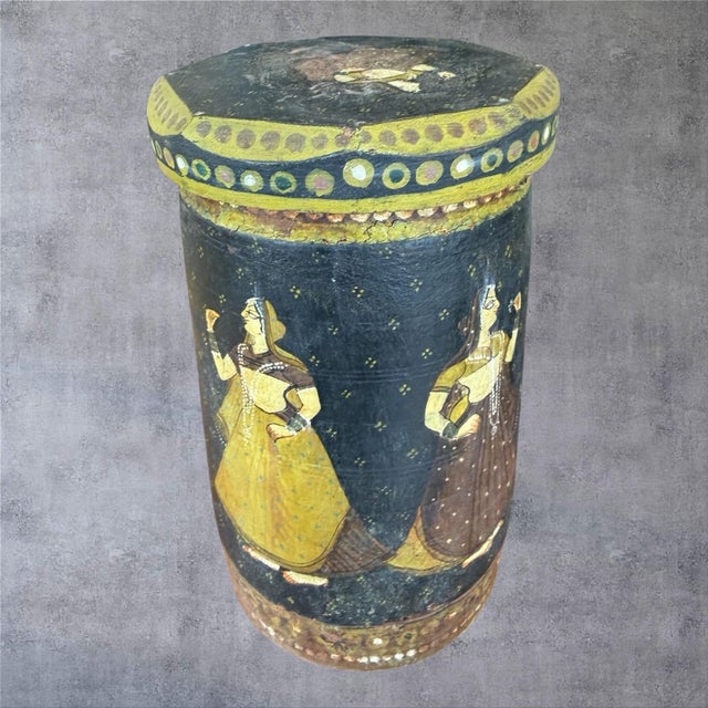 1950s Vintage Indian Hand Painted Wooden Box Krishna Gopi Folk Art Lidded Canister Jar⁠ For Sale - Image 5 of 10