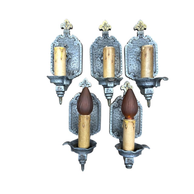 Mission 1910s Bare Bulb 4 + 1 Hammered Wall Sconces Storybook or Spanish Revival Mission Style #2598 For Sale - Image 3 of 14