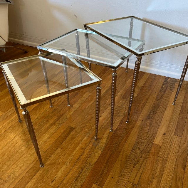 Silver 1960s French Nickeled Nesting Tables With Glass Tops Maison Jansen Attributed Set of 3 For Sale - Image 8 of 12