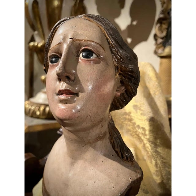 Italian Artist, Carved Polychrome Female Bust Sculpture, 1700s, Lacquered Wood For Sale - Image 5 of 12