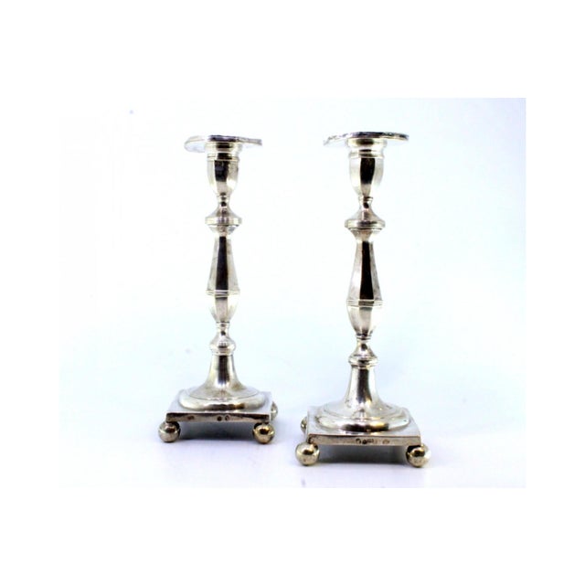 Metal Silver Candlesticks with Embossed Stems, Friezes and Spherical Feet, Set of 2 For Sale - Image 7 of 8